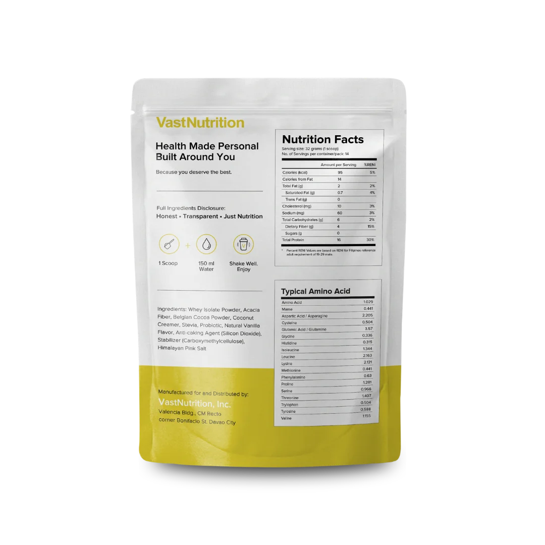 VastNutrition Belgian Chocolate Protein back label with ingredients, preparation directions, and nutrition facts
