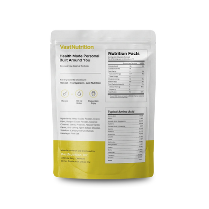VastNutrition Belgian Chocolate Protein back label with ingredients, preparation directions, and nutrition facts