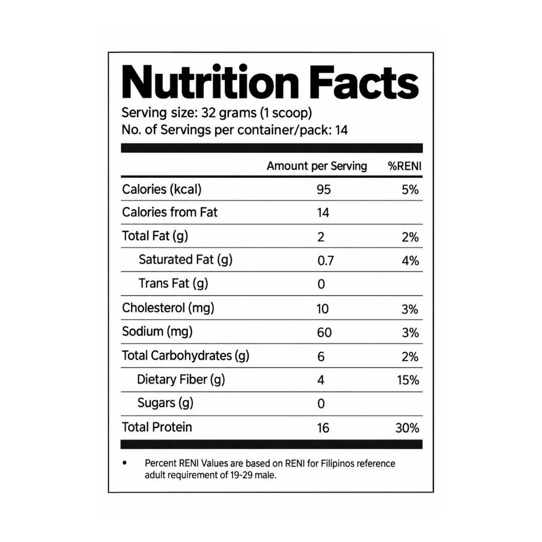 Belgian Chocolate Protein nutrition facts per 32 g serving: 95 calories, 16 g protein, and 0 g sugar