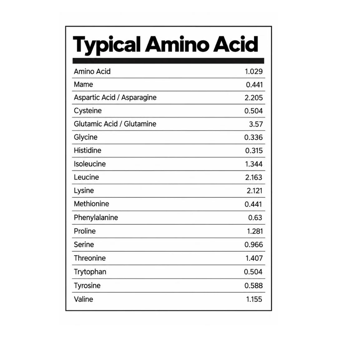 Typical amino acid profile table for VastNutrition Belgian Chocolate Protein