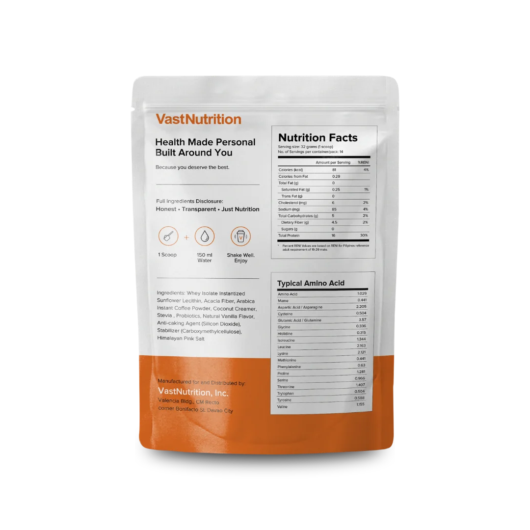 VastNutrition Arabica Coffee Protein back label with ingredients, preparation directions, and nutrition facts