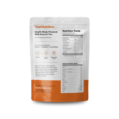 VastNutrition Arabica Coffee Protein back label with ingredients, preparation directions, and nutrition facts