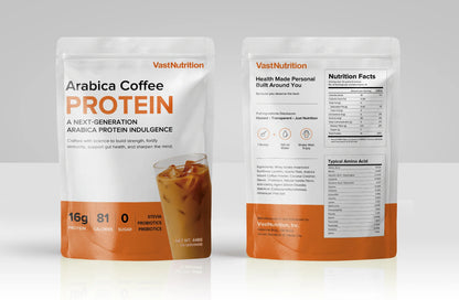 Front and back views of VastNutrition Arabica Coffee Protein pouches side by side
