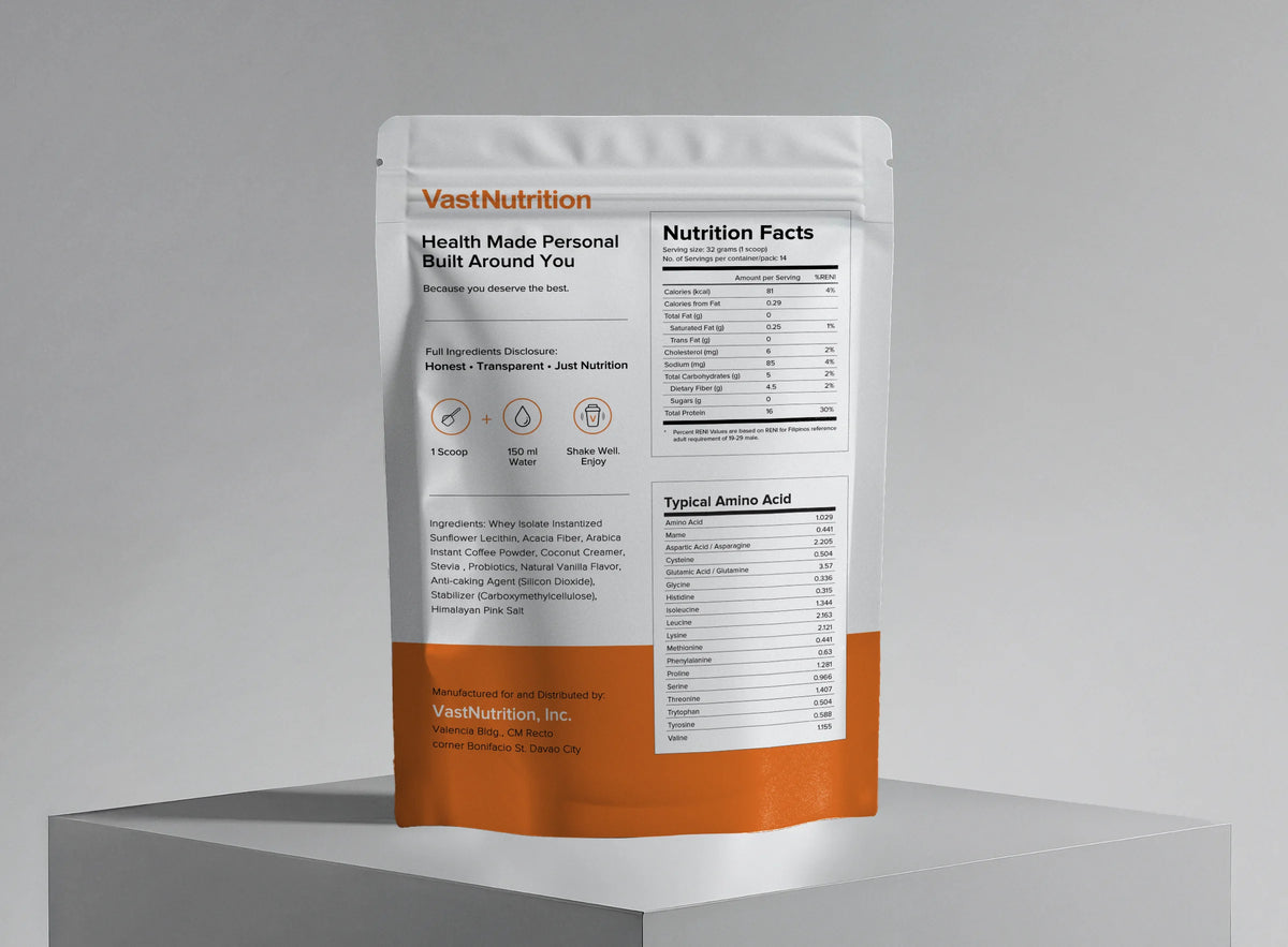 VastNutrition Arabica Coffee Protein back label with ingredients, preparation directions, and nutrition facts