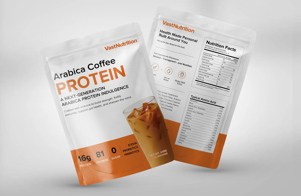 Angled front and back views of VastNutrition Arabica Coffee Protein pouches