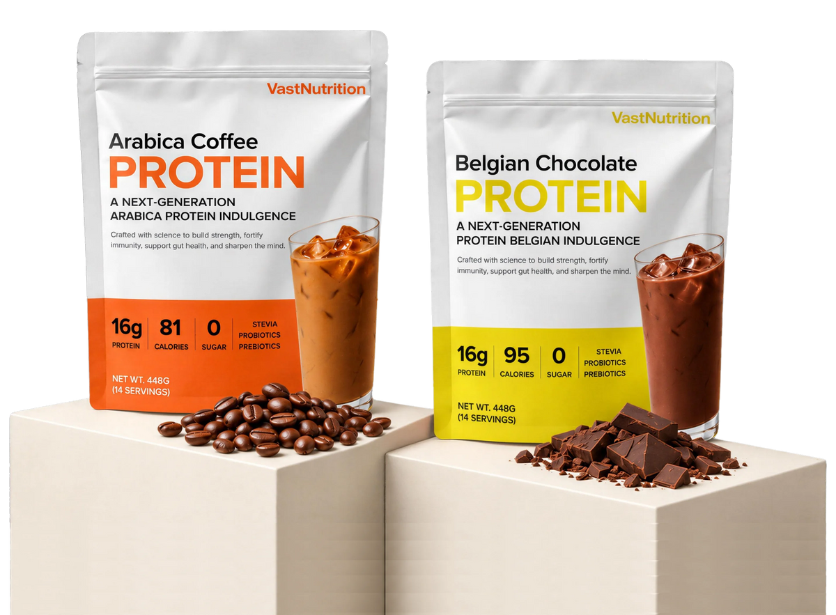 VastNutrition Arabica Coffee and Belgian Chocolate protein displayed with coffee beans and chocolate