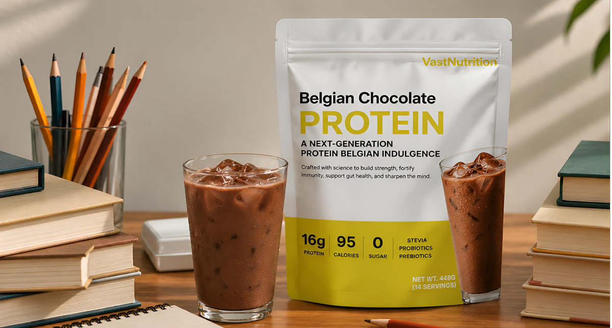 Preparing VastNutrition Arabica Coffee Protein with a scoop, shaker and iced coffee