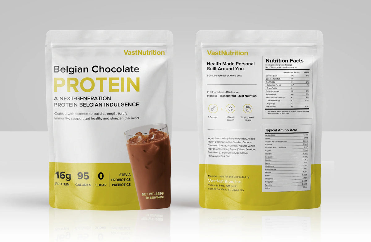 Front and back views of VastNutrition Belgian Chocolate Protein pouches side by side