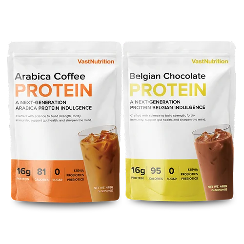 VastNutrition Essential flavor options: Arabica Coffee or Belgian Chocolate Protein, one 448 g pouch per order