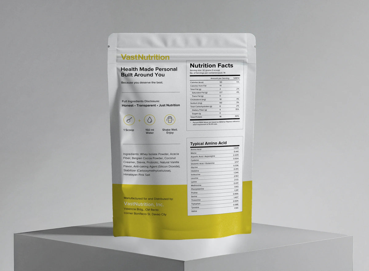 VastNutrition Belgian Chocolate Protein back label with ingredients, preparation directions, and nutrition facts