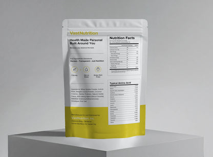 VastNutrition Belgian Chocolate Protein back label with ingredients, preparation directions, and nutrition facts