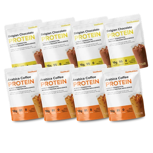 VastNutrition Signature bundle with four Arabica Coffee and four Belgian Chocolate Protein pouches
