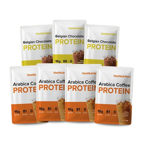 VastNutrition Starter pack with four Arabica Coffee and three Belgian Chocolate Protein sachets