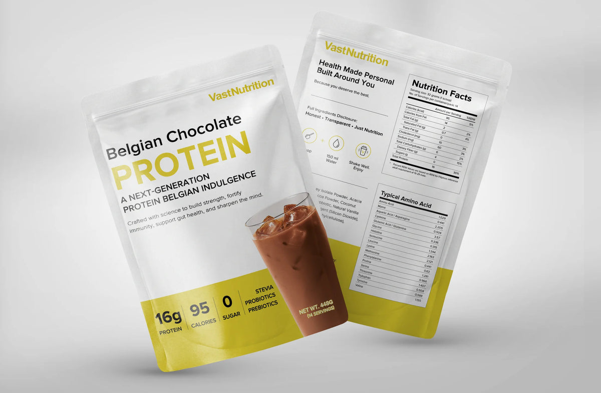 Angled front and back views of VastNutrition Belgian Chocolate Protein pouches