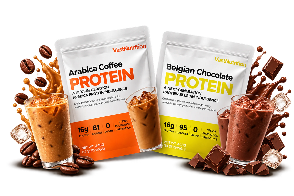 VastNutrition Arabica Coffee and Belgian Chocolate protein with prepared drinks