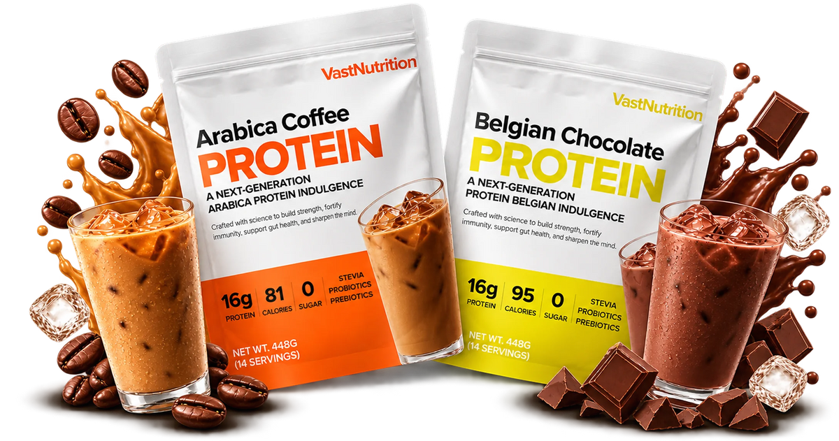VastNutrition Arabica Coffee and Belgian Chocolate protein with prepared drinks
